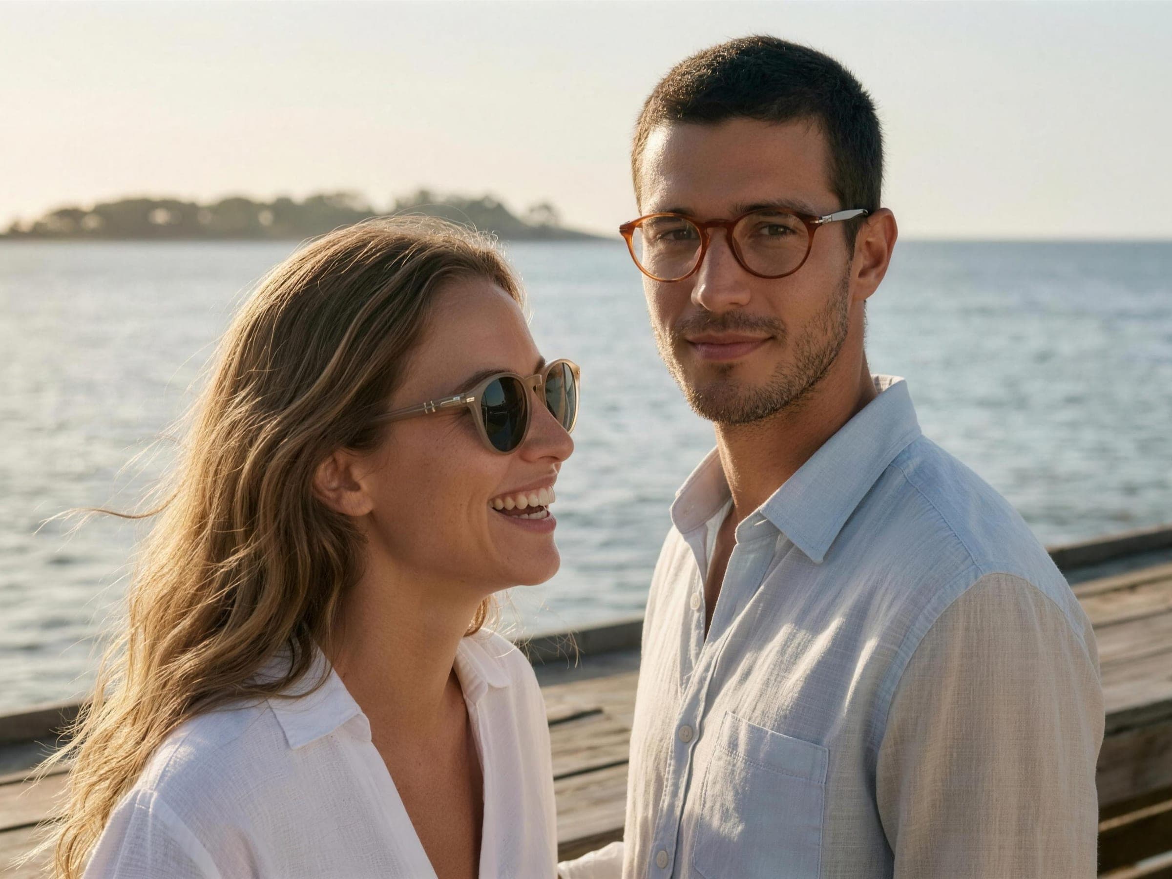 Una pareja en un deck frente al mar de Punta del Este: ella con lentes de sol Persol PO3152S beige, él con lentes de receta Persol PO3092V de carey