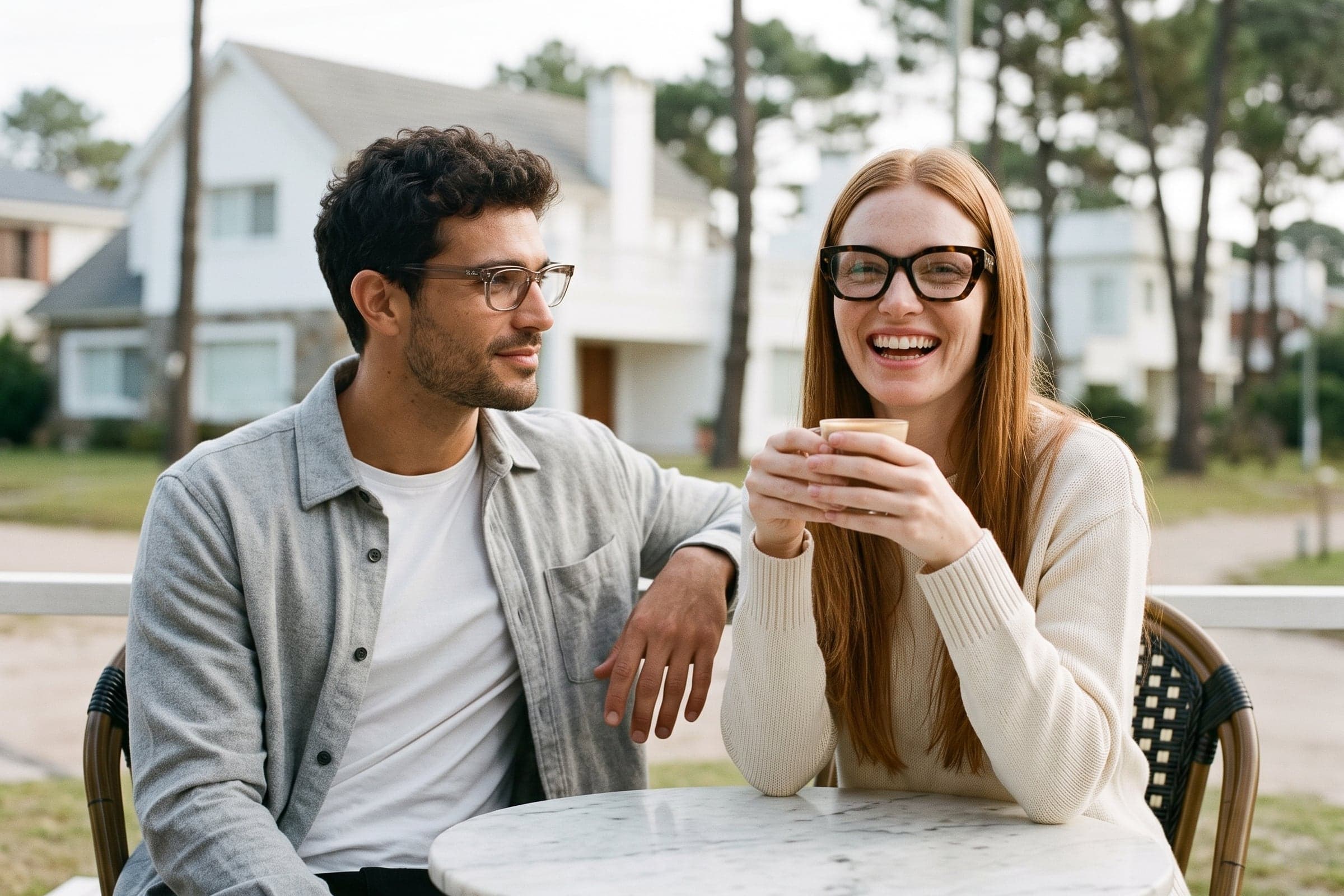 Una pareja en la terraza de un café de Punta del Este: ella con lentes de receta Prada PR 09YV de carey, él con Ray-Ban RX0832V transparentes