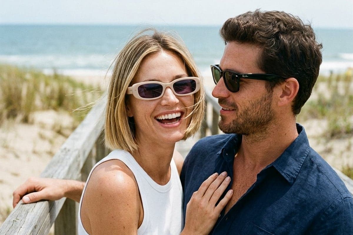 Una pareja en la pasarela sobre los médanos de Playa Brava: ella con lentes de sol Prada PR 17WS, él con Ray-Ban Wayfarer RB2140 negros